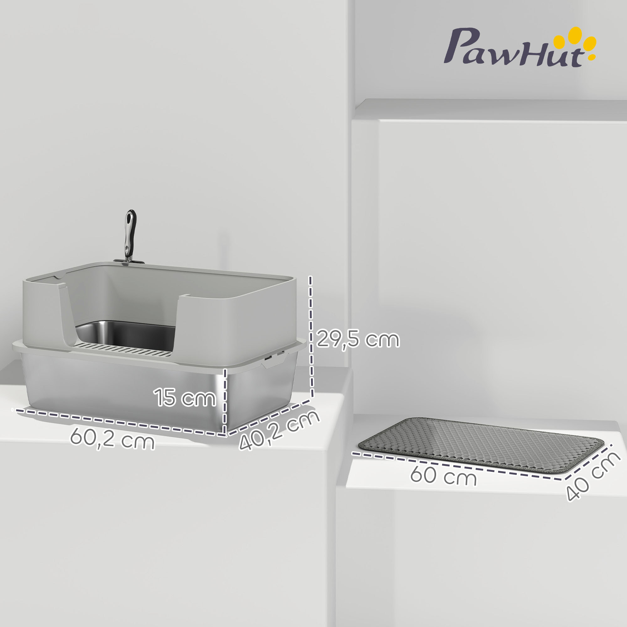 Arenero para Gatos de Acero Inoxidable XL Caja de Arena para Gatos Arenero con Borde Alto Alfombrilla Pala Fácil de Limpiar Prueba de Fugas 60x40x29,5 cm Gris