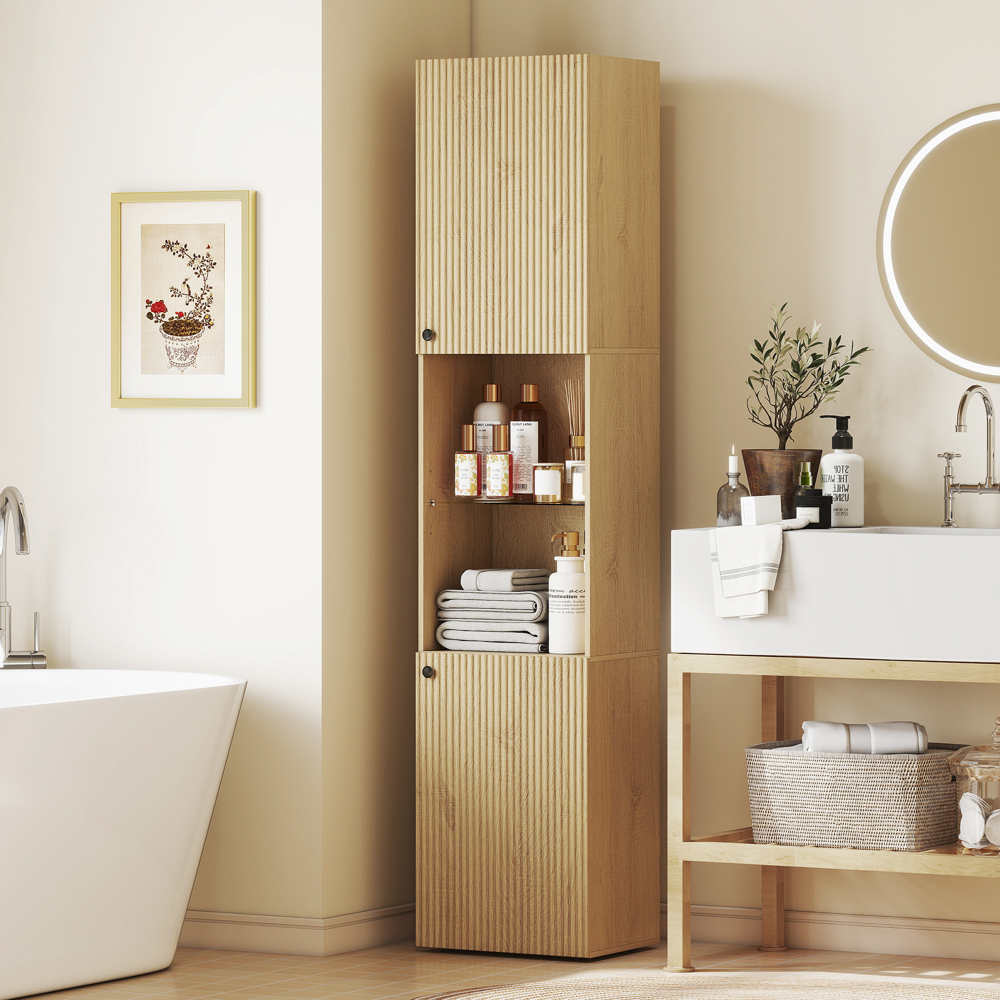 Colonne salle de bain design naturel 2 portes effet cannelé étagère verre