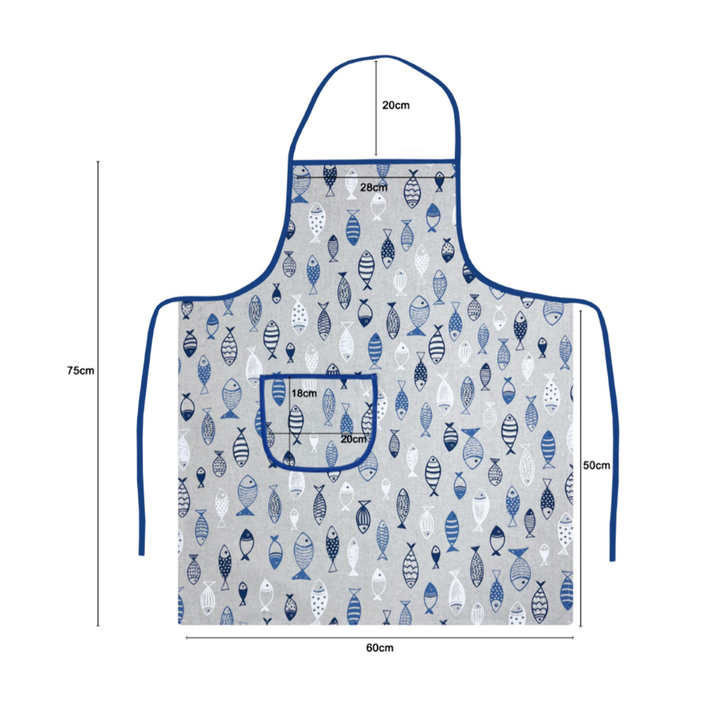 Set 2 Pezzi Grembiule Cucina Con Tasche 100% Cotone Disegno Pesci Azzurro