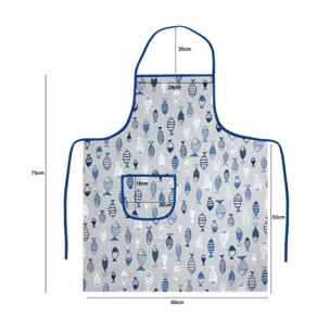 Set 2 Pezzi Grembiule Cucina Con Tasche 100% Cotone Disegno Pesci Azzurro