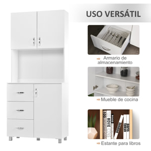 Armario Alacena de Cocina Alacena Alta con 3 Cajones 3 Puertas y Estantes Interiores Ajustables Mueble Auxiliar para Comedor Salón 80x39,5x183,5 cm Blanco