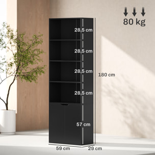 Estantería para Libros de 6 Niveles, Librería con 2 Puertas, 4 Estantes Abiertos, Armario Alto para Salón, Estudio, Oficina, 59x29x180 cm, Negro