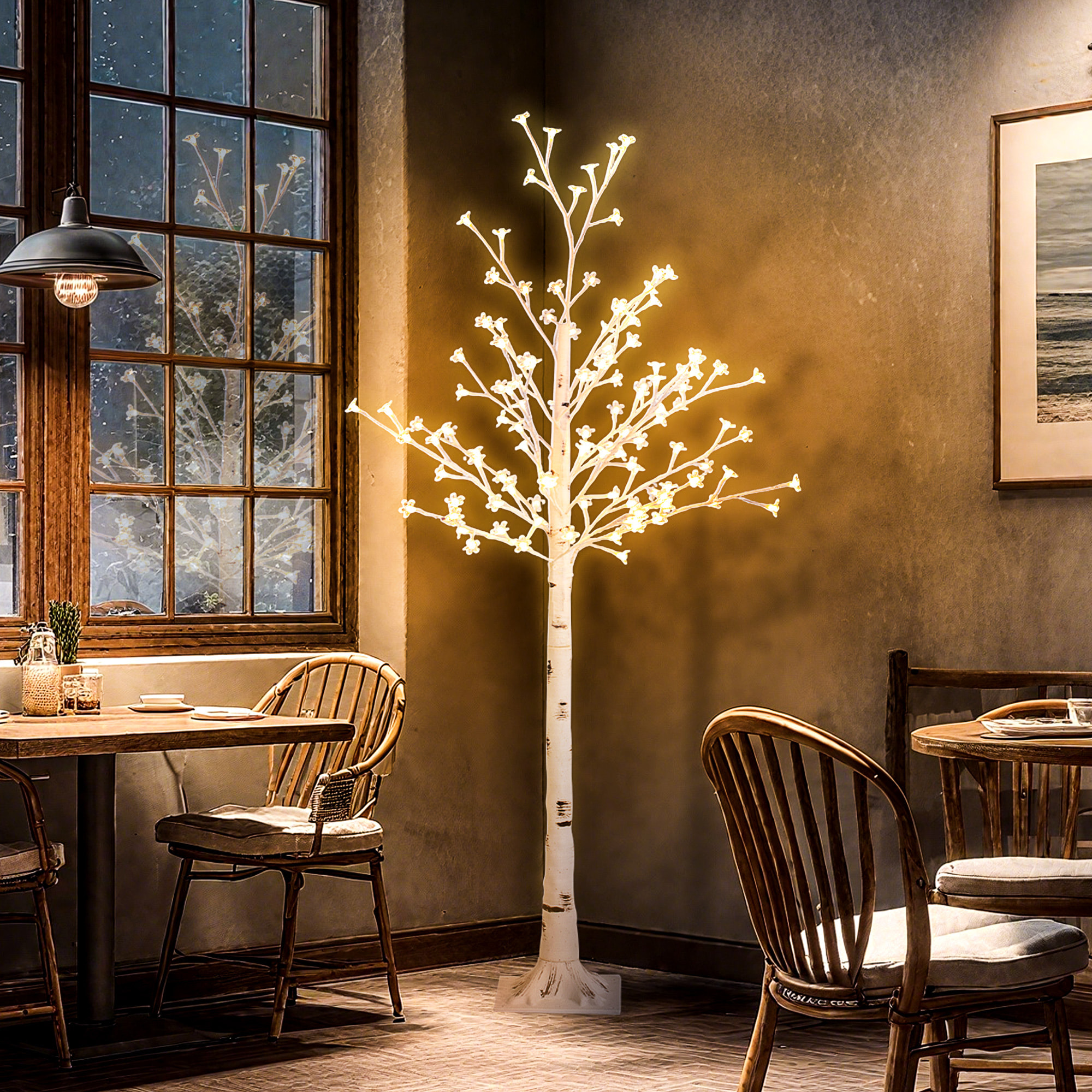 Árbol de Cerezo Artificial 150 cm, Lámpara de Árbol con 120 Luces LED Blanco Cálido, Base, Luz Ajustable en 3 Modos, Decoración Navidad para Interiores y Exteriores, Blanco