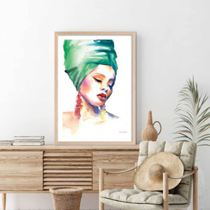 Affiche mode Portrait turban vert Affiche sous cadre bois