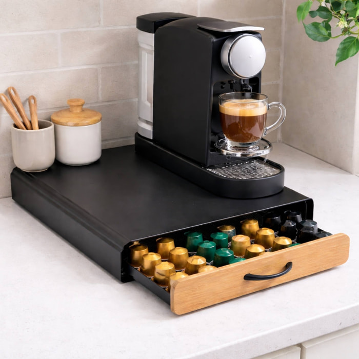 Cajón para cápsulas Nespresso ELIE 26,5x39x6cm en Acero y bambú con estilo Industrial