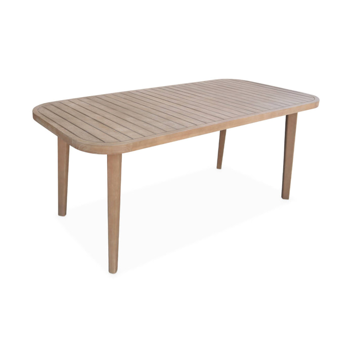 Table de jardin en bois d'eucalyptus. intérieur / extérieur + 6 fauteuils en corde beige et métal