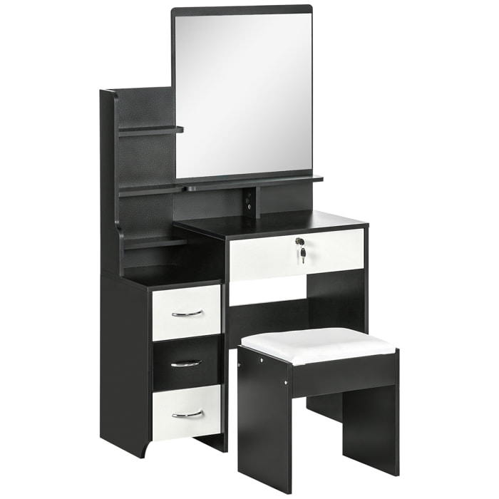 Ensemble coiffeuse tabouret design contemporain multi-rangement 4 tiroirs 4 étagères grand miroir noir blanc