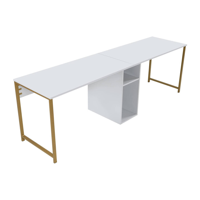 Scrivania Violet, Scrittoio multiuso, Tavolo per ufficio porta PC, Piano di lavoro, 240x60 h74 cm, Bianco e Oro