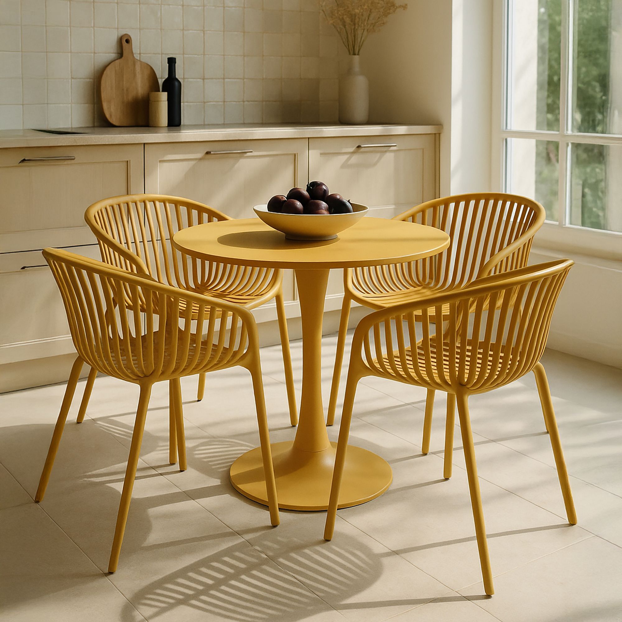 Ensemble de repas table et 4 fauteuils en polypropylène ocre CALYPSO