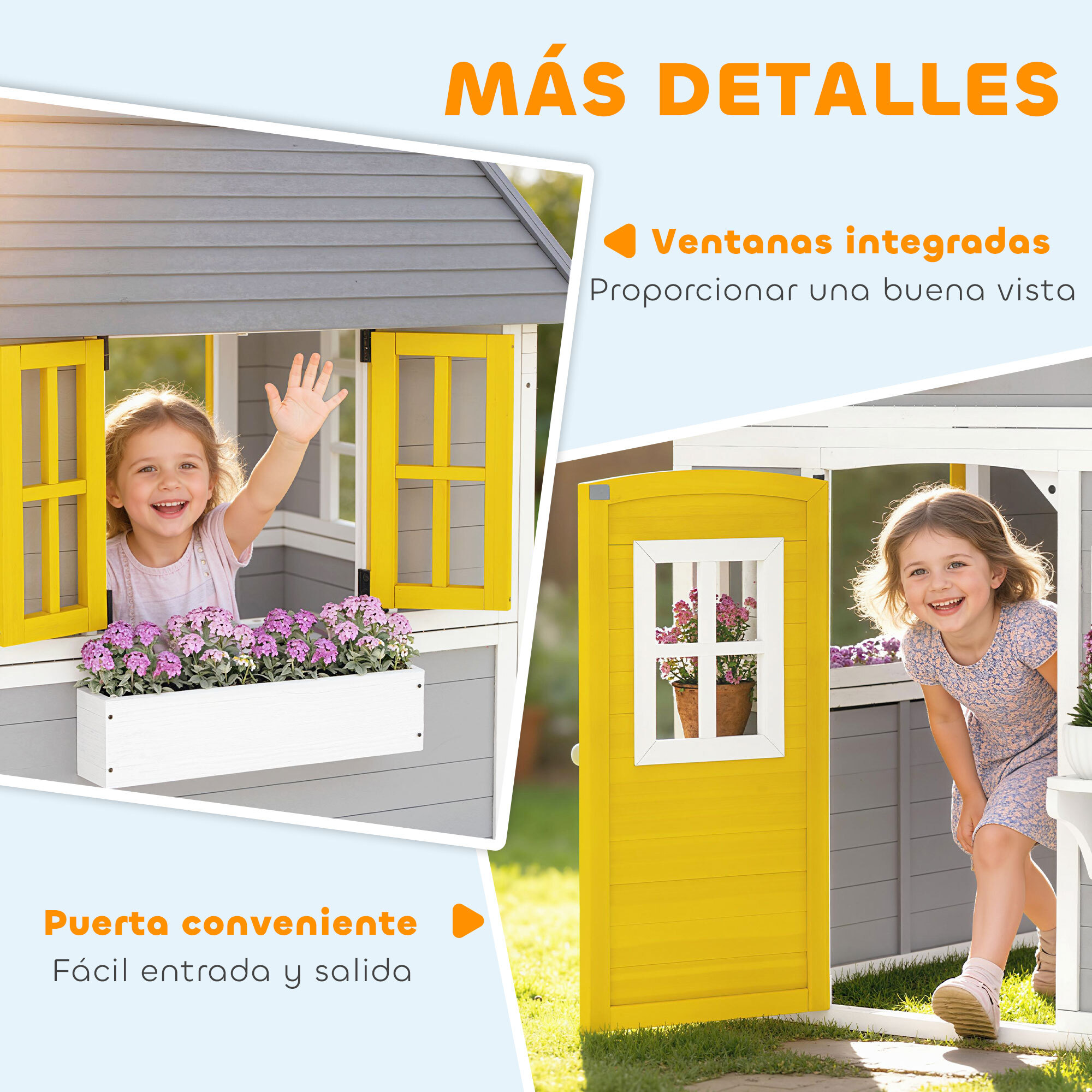 Casita Infantil Exterior e Interior de Madera, Casita Infantil con Puerta, Ventanas, Jardineras y Soportes de Flores, Casa de Jardín para Niños de 3-8 Años, Gris