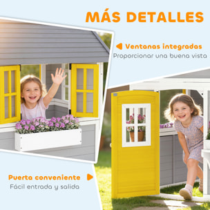 Casita Infantil Exterior e Interior de Madera, Casita Infantil con Puerta, Ventanas, Jardineras y Soportes de Flores, Casa de Jardín para Niños de 3-8 Años, Gris