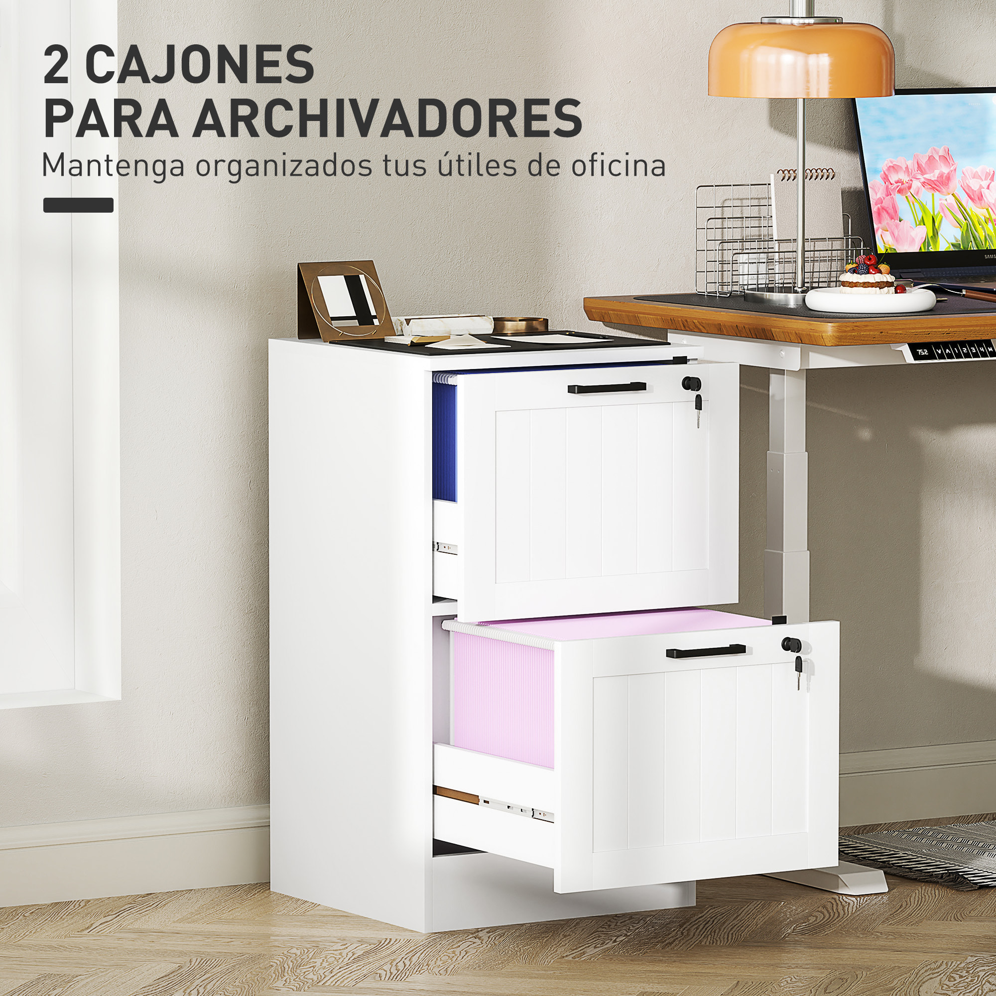 Cajonera de Oficina Mueble Archivador con 2 Cajones Cajonera para Escritorio con Cerraduras Carpetas Suspendidas para A4 y Carta 40x40x71 cm Blanco