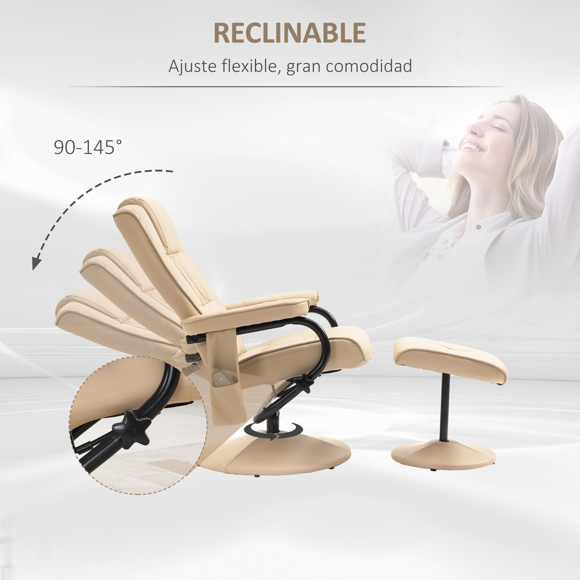 Sillón de Masaje Eléctrico con Taburete Reposapiés Sillón Relax Giratorio Reclinable hasta 145° con Control Remoto y 10 Zonas de Masaje Tapizado en PU 77x84x95 cm Beige