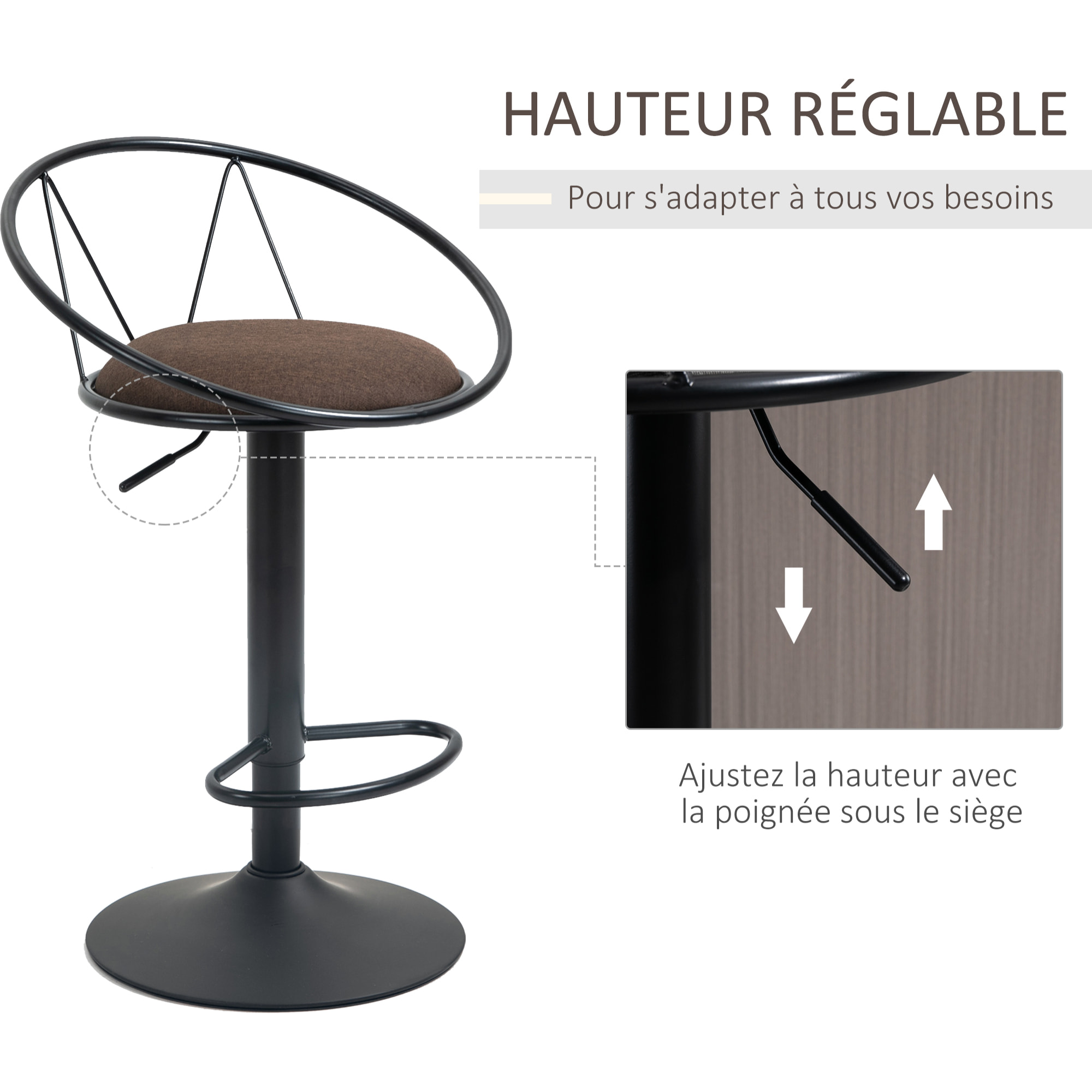 Lot de 2 tabourets de bar design néo-rétro réglable pivotant avec repose-pied métal noir lin marron