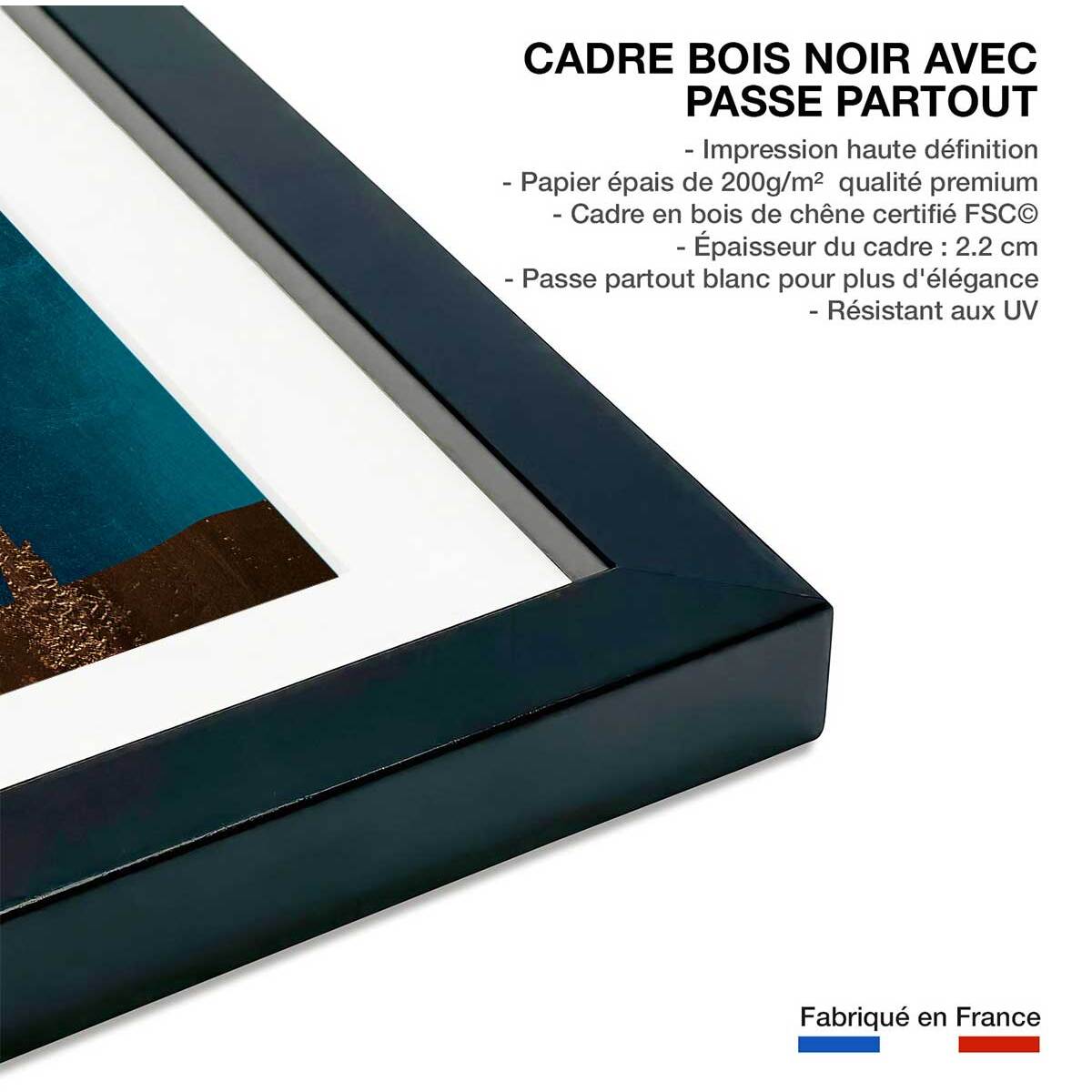 Poster cocotier sur fond bleu Affiche + cadre en bois - Noir