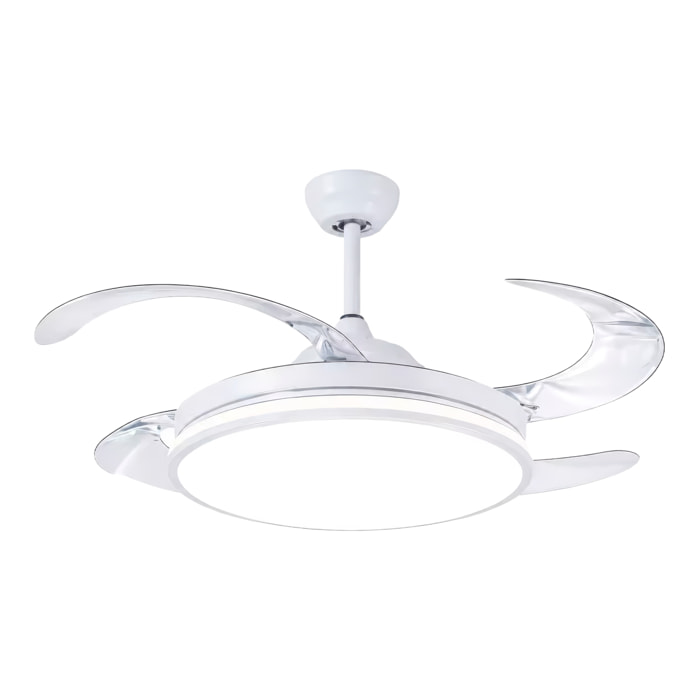 Ventilador de techo 7807 120 cm, aspas retráctiles, motor DC 36W, luz LED regulable 60W, 6 velocidades y modo invierno/verano. Control mediante mando a distancia o aplicación móvil.