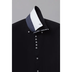 Camicia Uomo 2 Bottoni Button Down 7bottoni Doppio Coll Satin Unito Nero