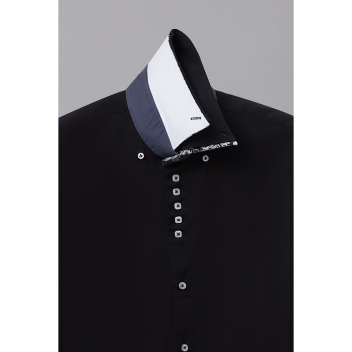 Camicia Uomo 2 Bottoni Button Down 7bottoni Doppio Coll Satin Unito Nero