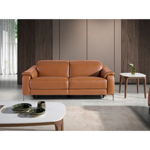 Sofá relax de 3 plazas tapizado en piel de origen vacuno en marrón con reposacabezas para patas de acero inoxidable cromado oscuro 2 sistemas de relax eléctrico 188x108x77cm