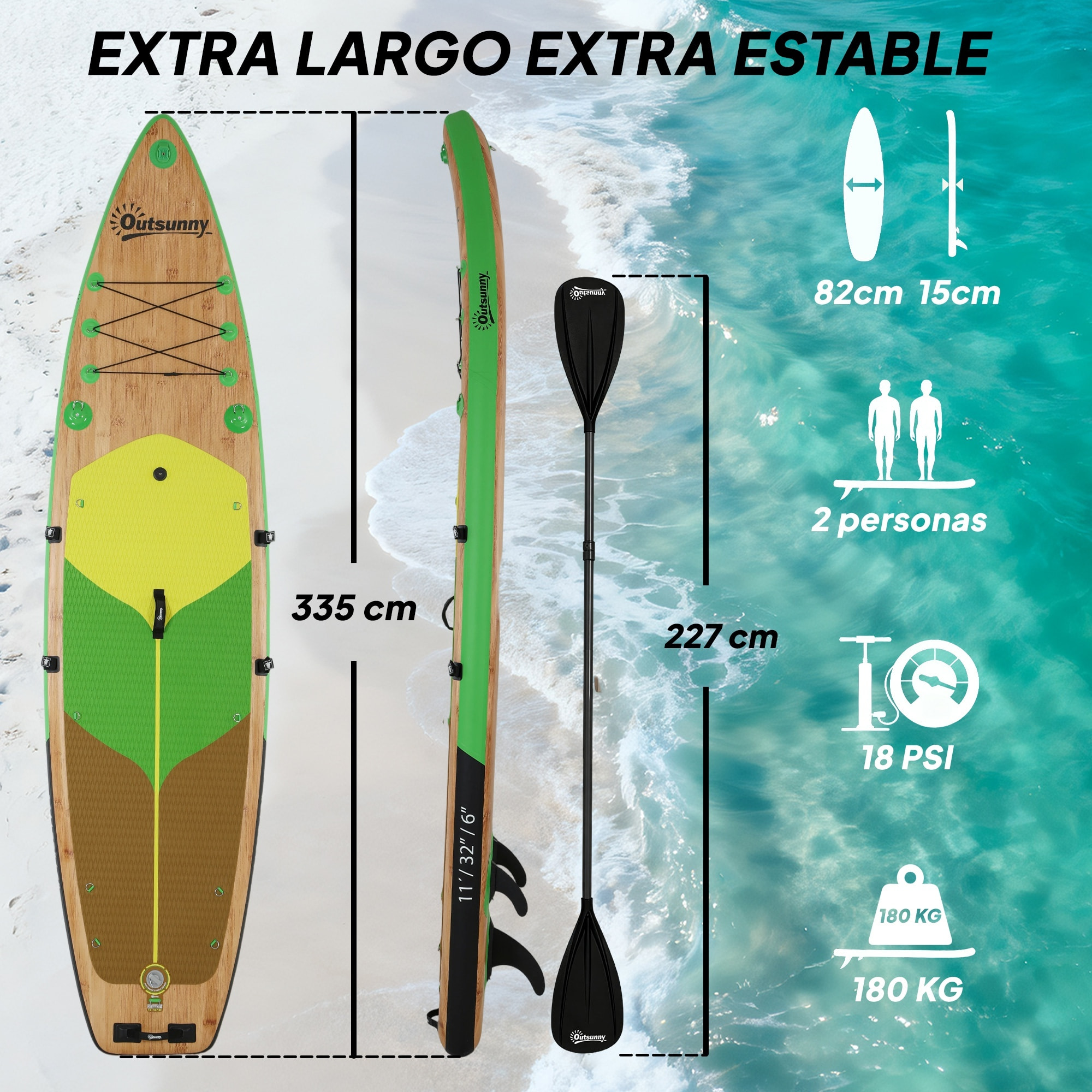 Tabla Paddle Surf Hinchable con Accesorios, 335 cm, Remo Convertible, Asiento, Aletas, Stand Up Paddle Board con Superficie Antideslizante, Bomba, Mochila y Funda, Carga 180 kg, para Adultos