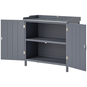 Armoire de rangement de jardin sur pied, table de rempotage 2 en 1 double porte, étagère, plateau métal galvanisé - bois sapin gris
