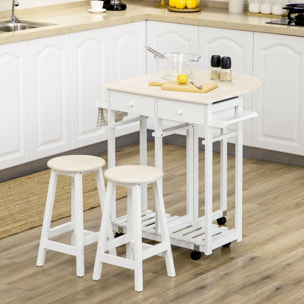 HOMCOM Carrito de Cocina de Madera 3 Piezas con 2 Taburetes Juego de Mesa de Bar con Ruedas Ala Abatible 2 Cajones Barras para Colgar y Estante de Almacenaje 87x74x86 cm Blanco