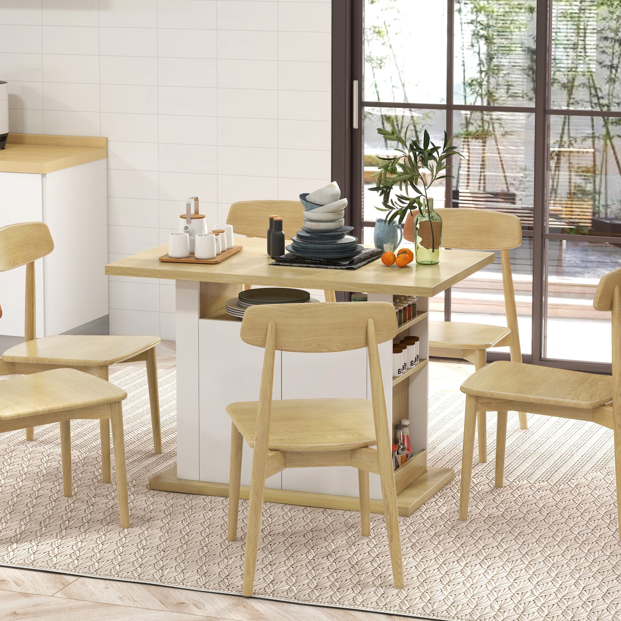 Isla de Cocina, para 4-6 Personas, Mueble de Cocina con 4 Puertas, Compartimentos Abiertos, Estante Ajustable, 110x70x75,5 cm, Roble y Blanco