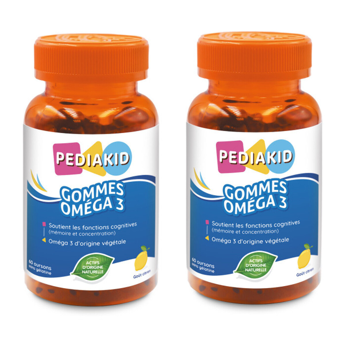 PEDIAKID - Gommes Oméga 3 - Formule Naturelle au Délicieux Arôme de Citron - Soutient les Fonctions Cognitives - Favorise la Croissance et le Développement Cérébral - Lot de 2 piluliers