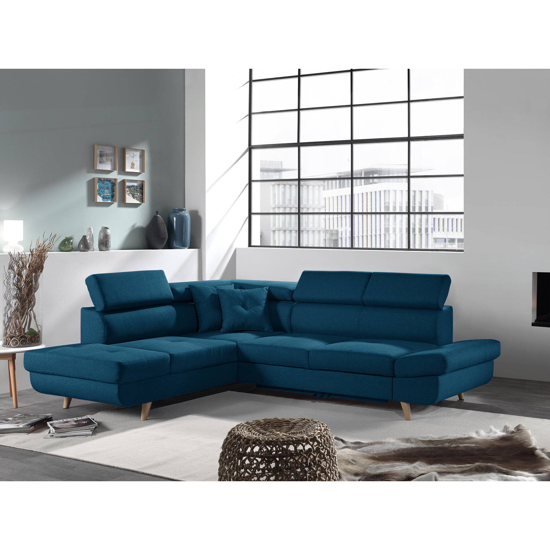Linea - Canapé d'angle gauche convertible - 5 places - avec têtières - Bleu canard