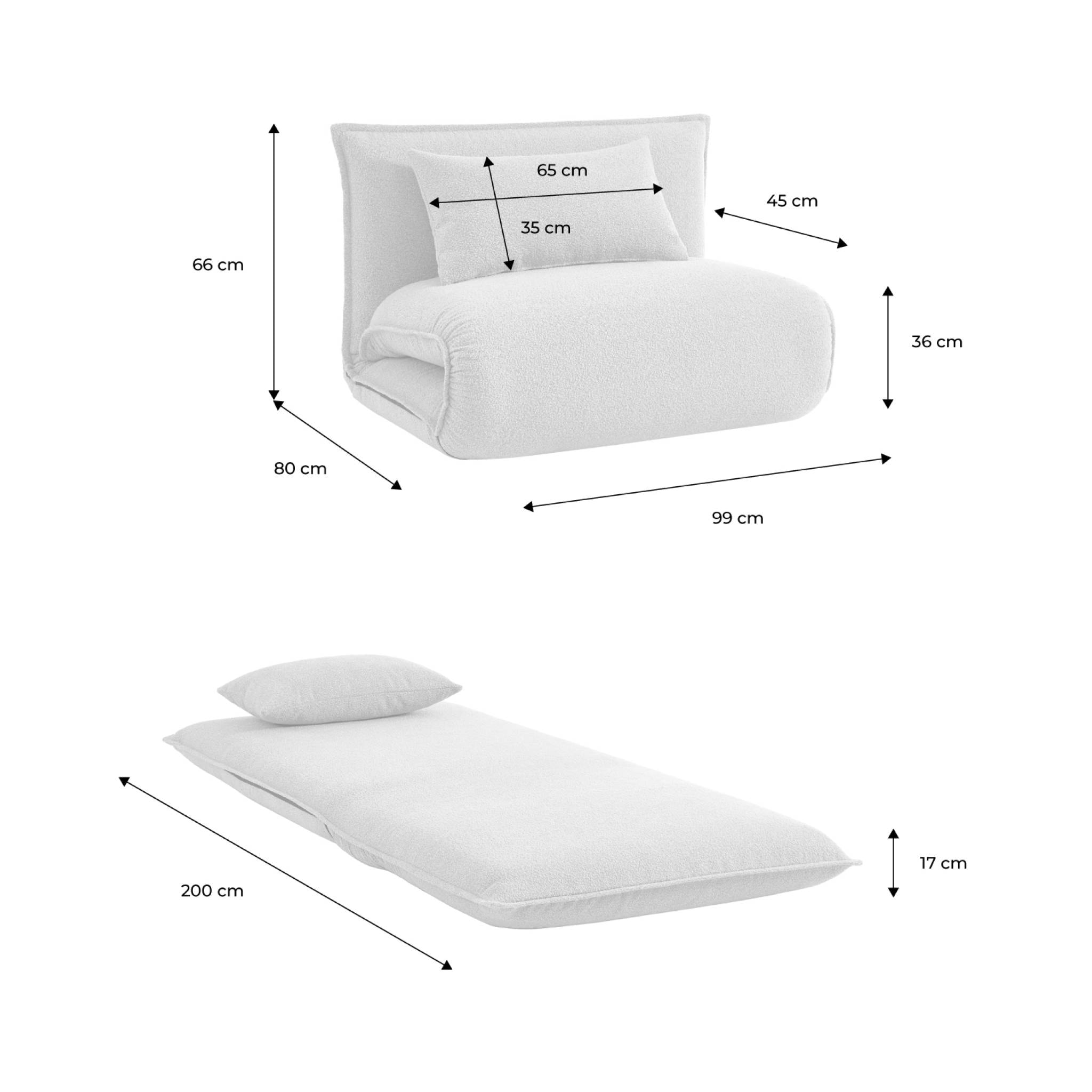 Chauffeuse convertible 1 place en bouclette texturée blanc cassé L 99 x P 80 x  H 66 cm - Fleeep