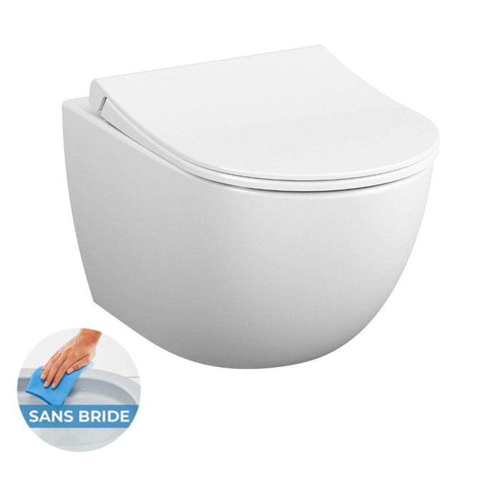 Pack WC Bâti support en verre trempé/aluminium brossé avec plaque intégrée, Blanc + WC sans bride Sento + Abattant softclose
