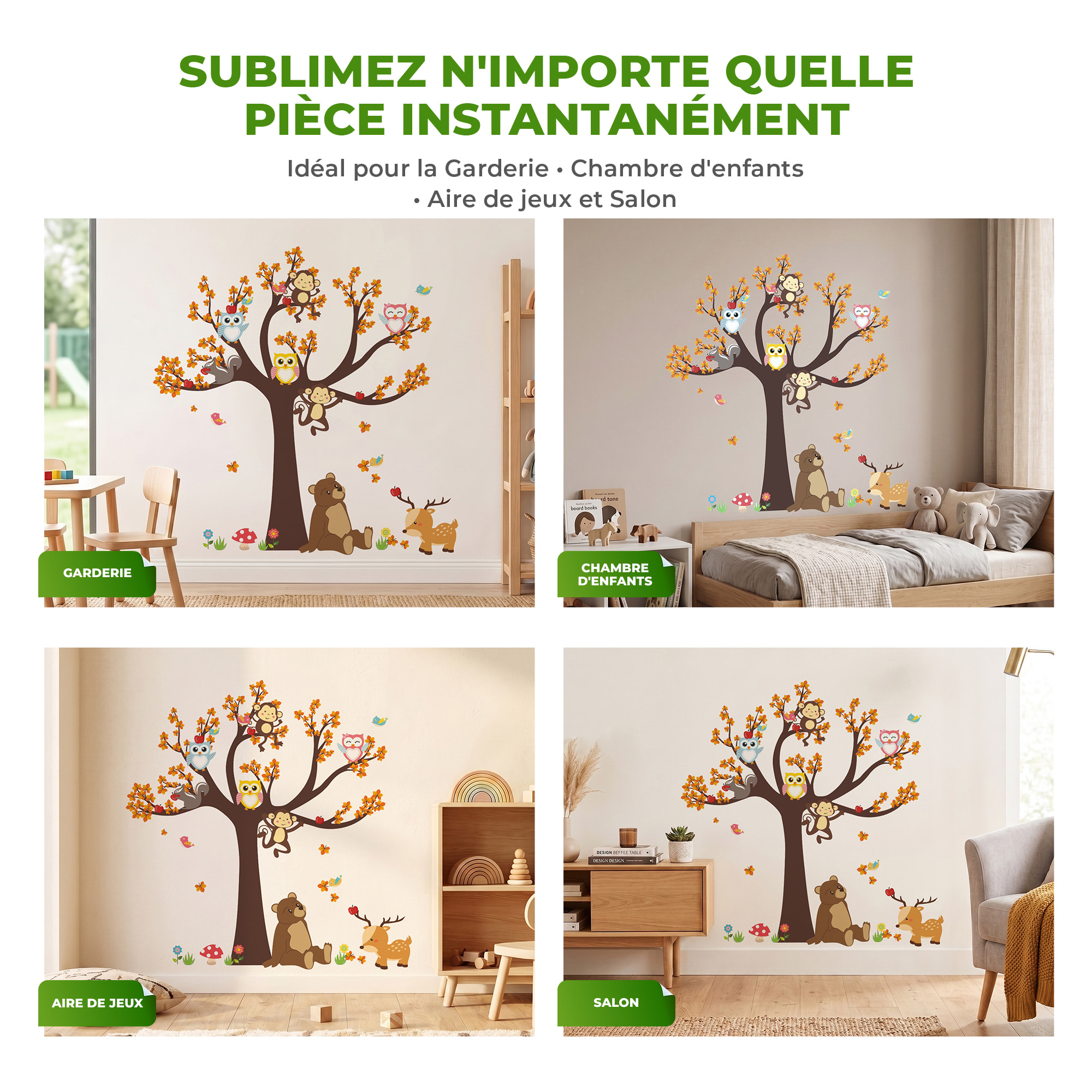 Stickers Muraux décoration adhésifs arbre géant avec hibou, singe et ours