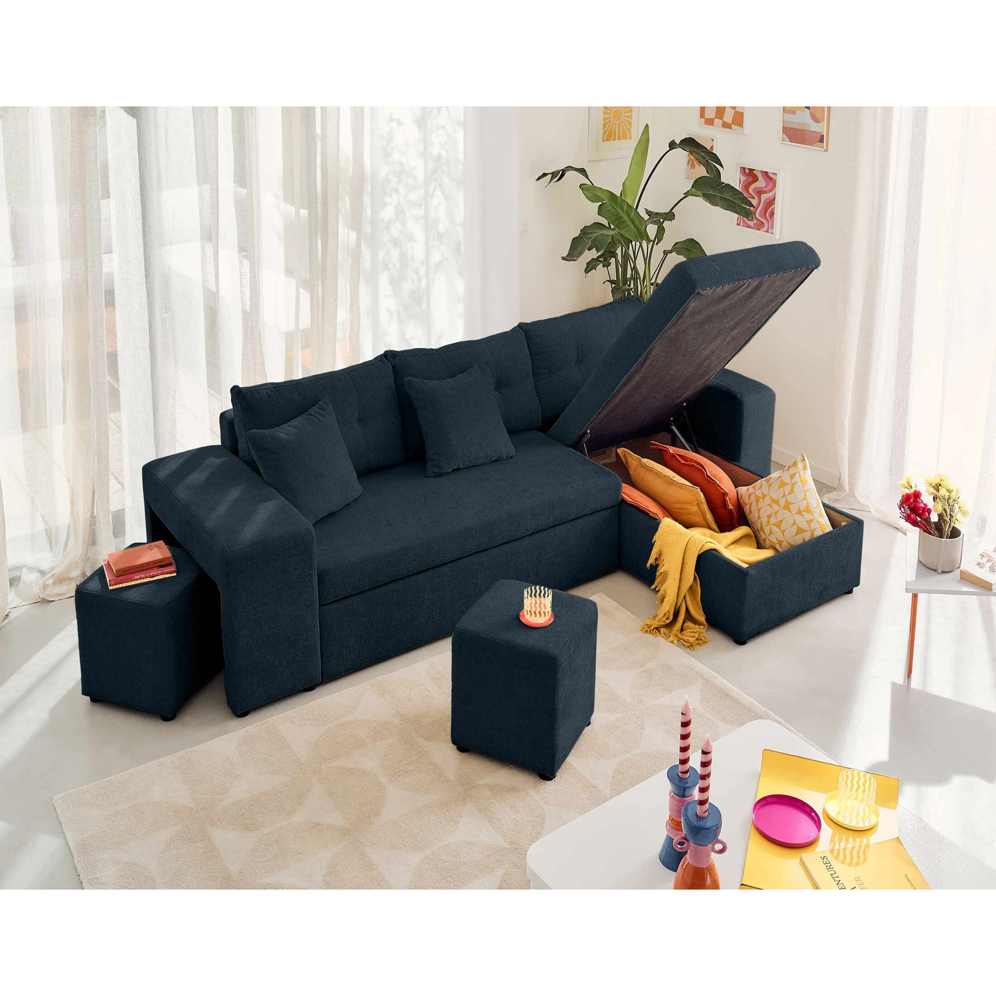 California - canapé d'angle réversible 4 places - convertible avec coffre, étagère et poufs - en velours texturé - Bleu