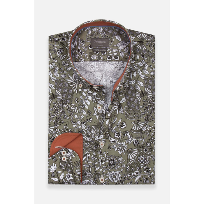 camicia uomo 1 bottone button down slim Popeline Stretch Stampato Verde Bianco