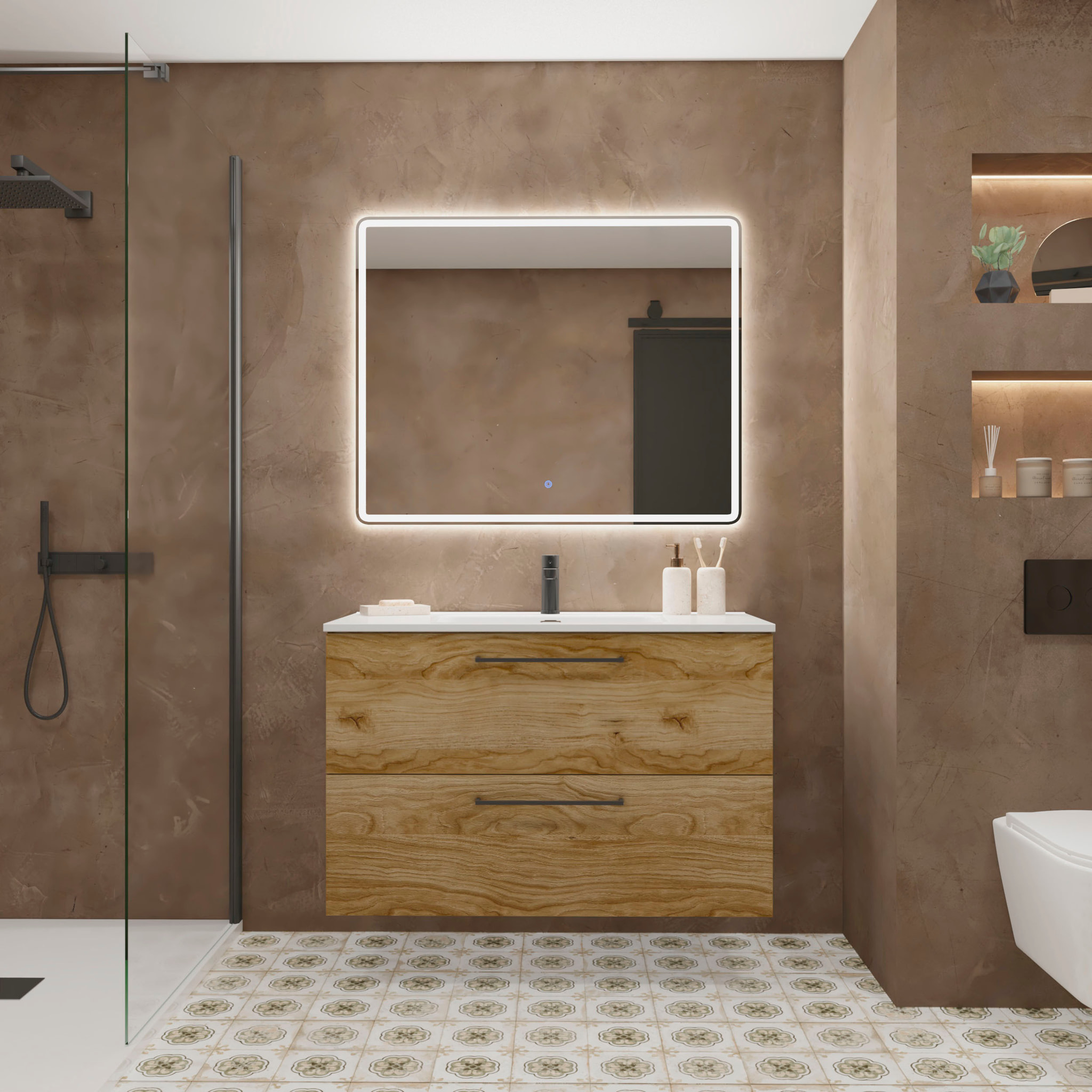 Meuble de Salle de Bain Vex | 100 cm Teka| Deux Tiroirs | Évier Encastré | Miroir non inclus | Meubles Assemblés | Alday