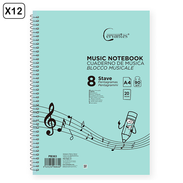 PACK 12 UNITA' QUADERNO DI MUSICA 4 PENTAGRAMMI A5 CERVANTES