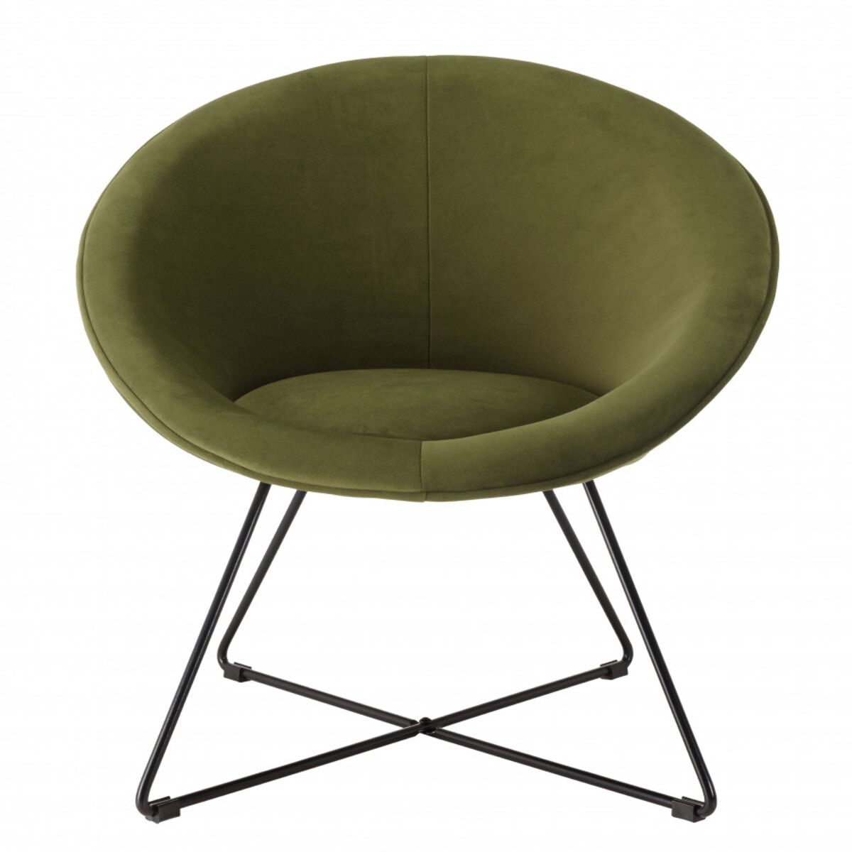 ALBANE - Fauteuil tissu velours vert olive pieds croisés métal noir