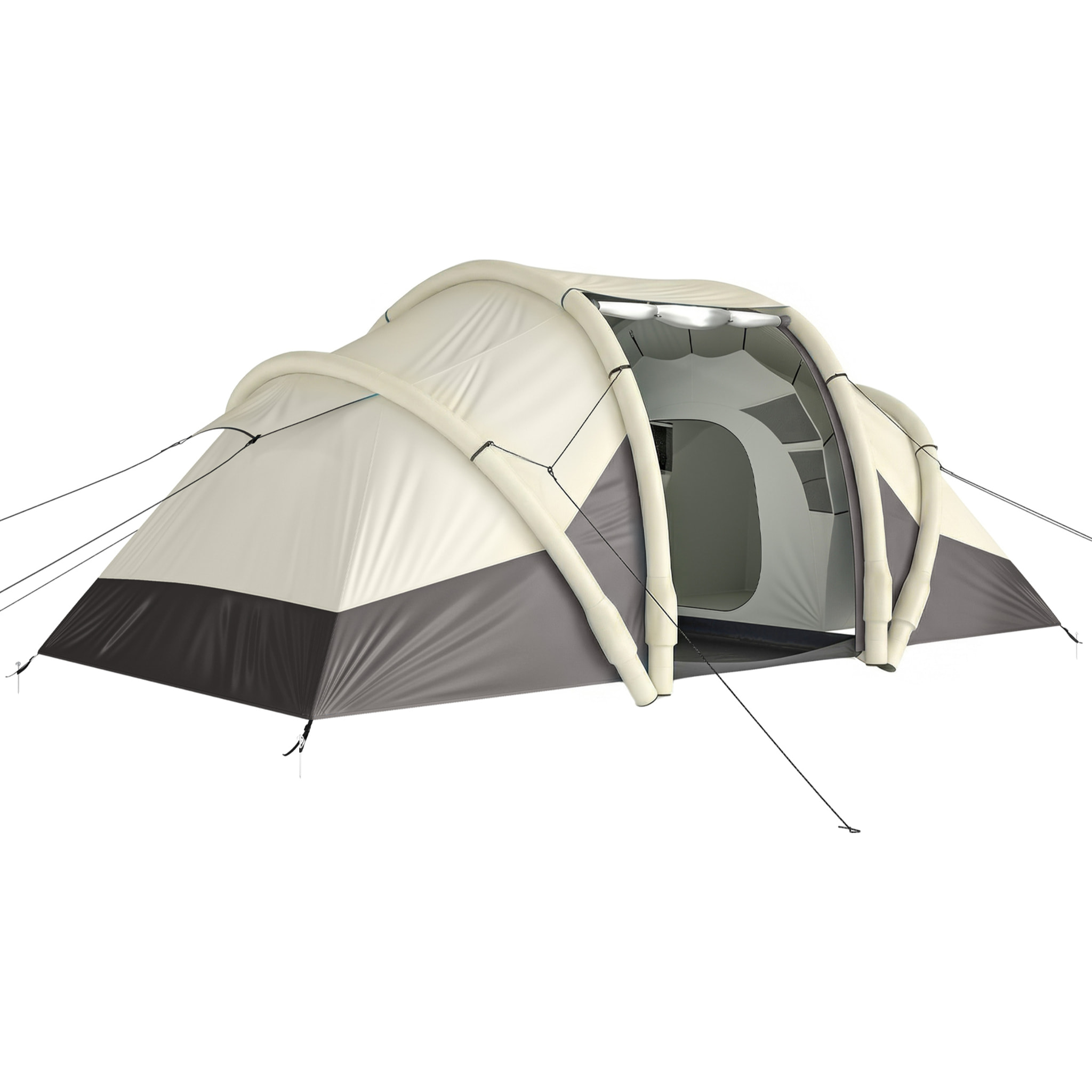 Tente gonflable camping 2-4 personnes 3 pièces auvent imperméabilité 3000mm crème taupe-gris