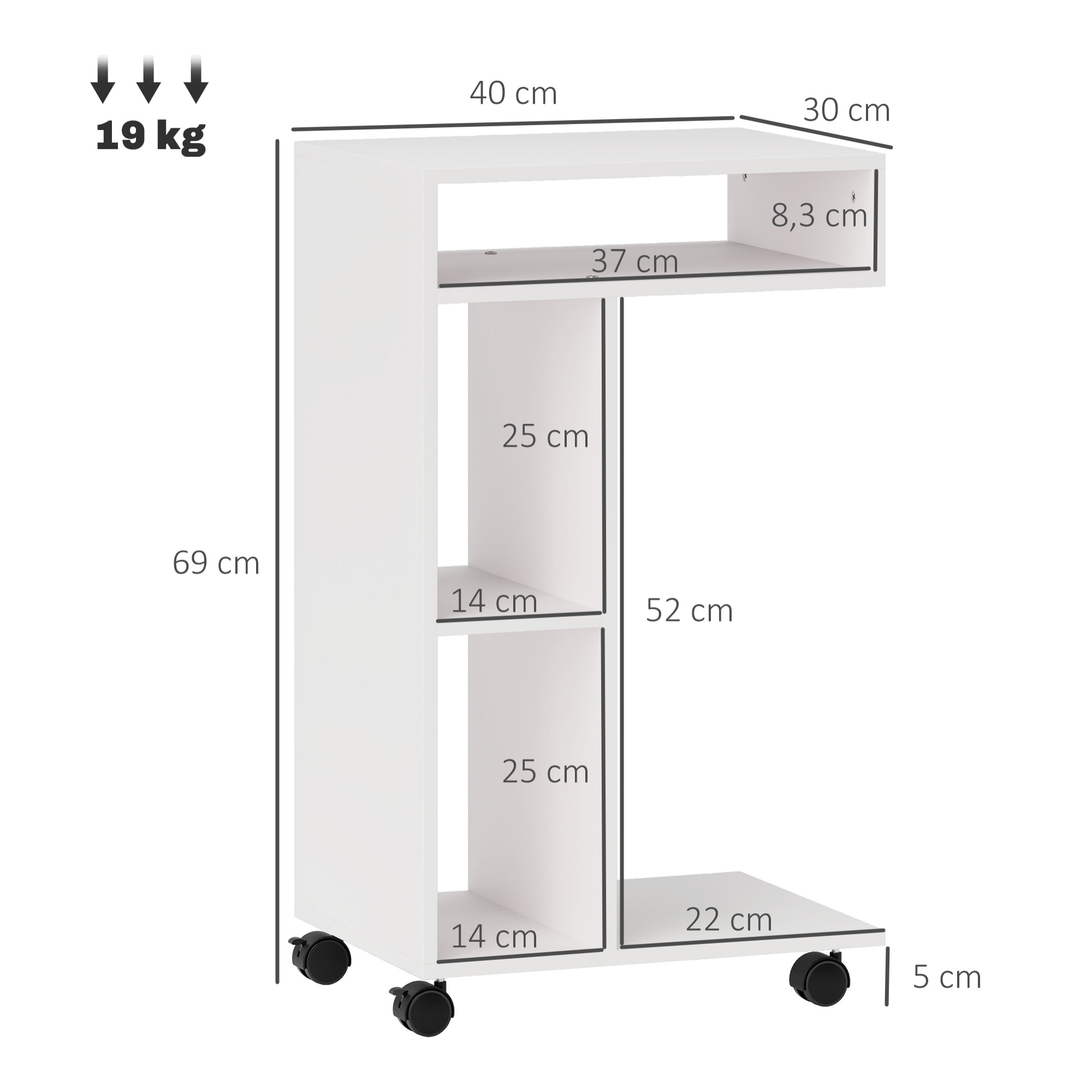 Mesa Auxiliar Multifuncional en Forma de C Mesa Auxiliar para Sofá con Ruedas Compartimentos Abiertos Mesita Auxiliar para Salón Dormitorio Oficina 40x30x69 cm Blanco