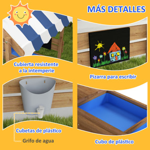 Arenero para Niños de Madera Arenero Infantil con Toldo 6 Banderines 2 Lavabos Grifo y Pizarra en Forma de Casa para Patio Jardín 124x116x146 cm Marrón