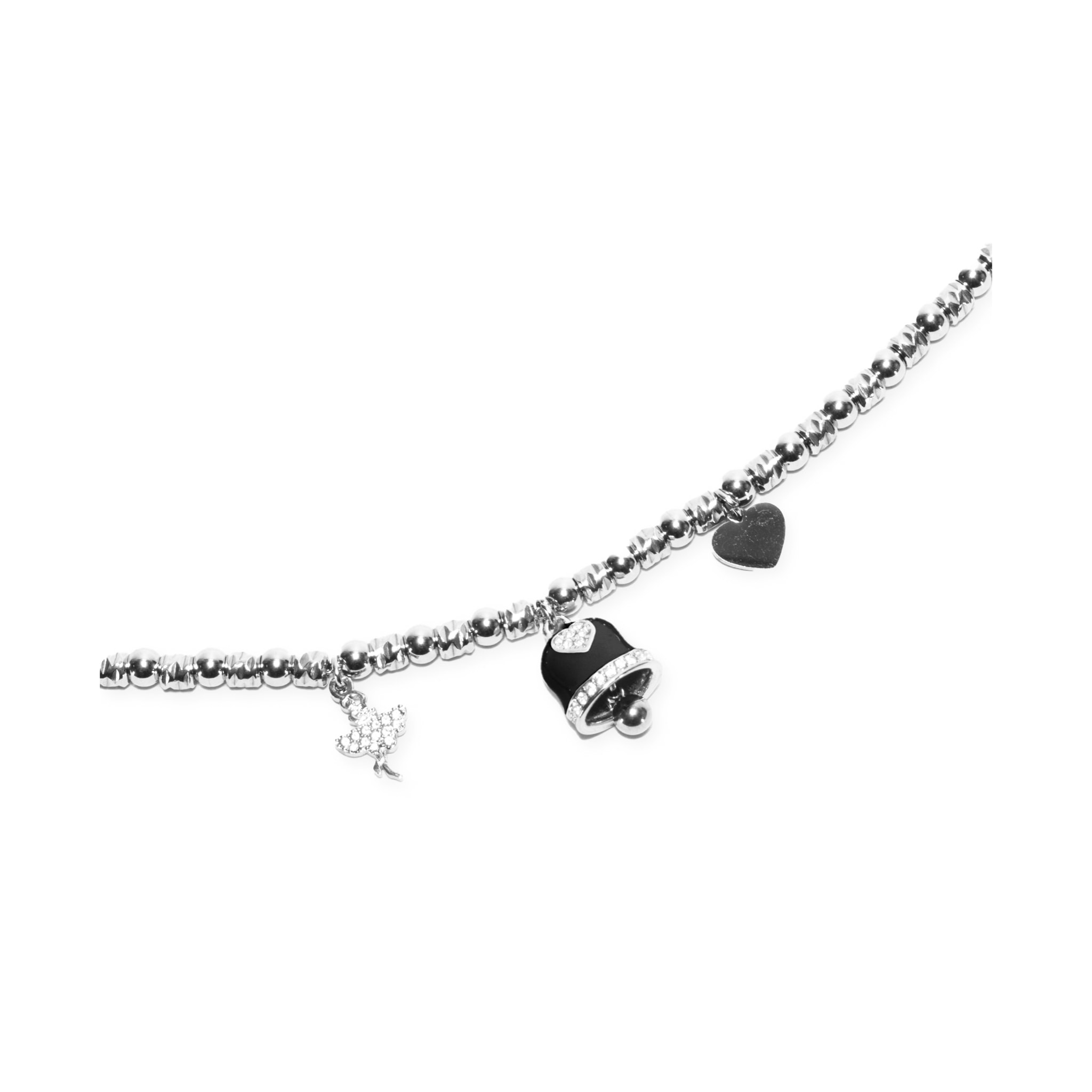Collana in acciaio silver a sfere con charms nero e strass