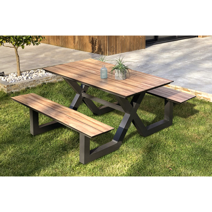 VANCOUVER - Table de jardin en aluminium anthracite et plateau HPL effet bois