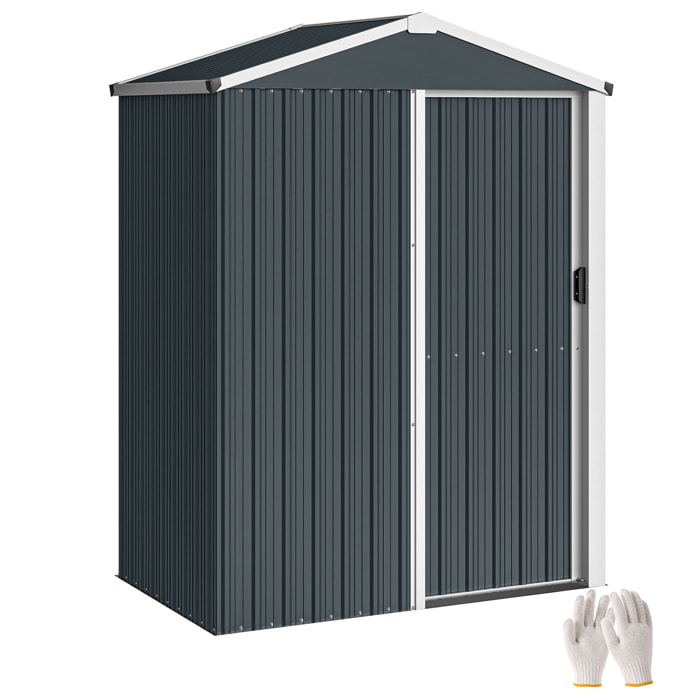 Caseta de Jardín Exterior 1,1 m², 136x87x179 cm, Cobertizo de Jardín Exterior Metálico con Puerta Corredera, Techo Inclinado y Guantes, para Almacenaje de Herramientas Bicicletas, Gris Oscuro