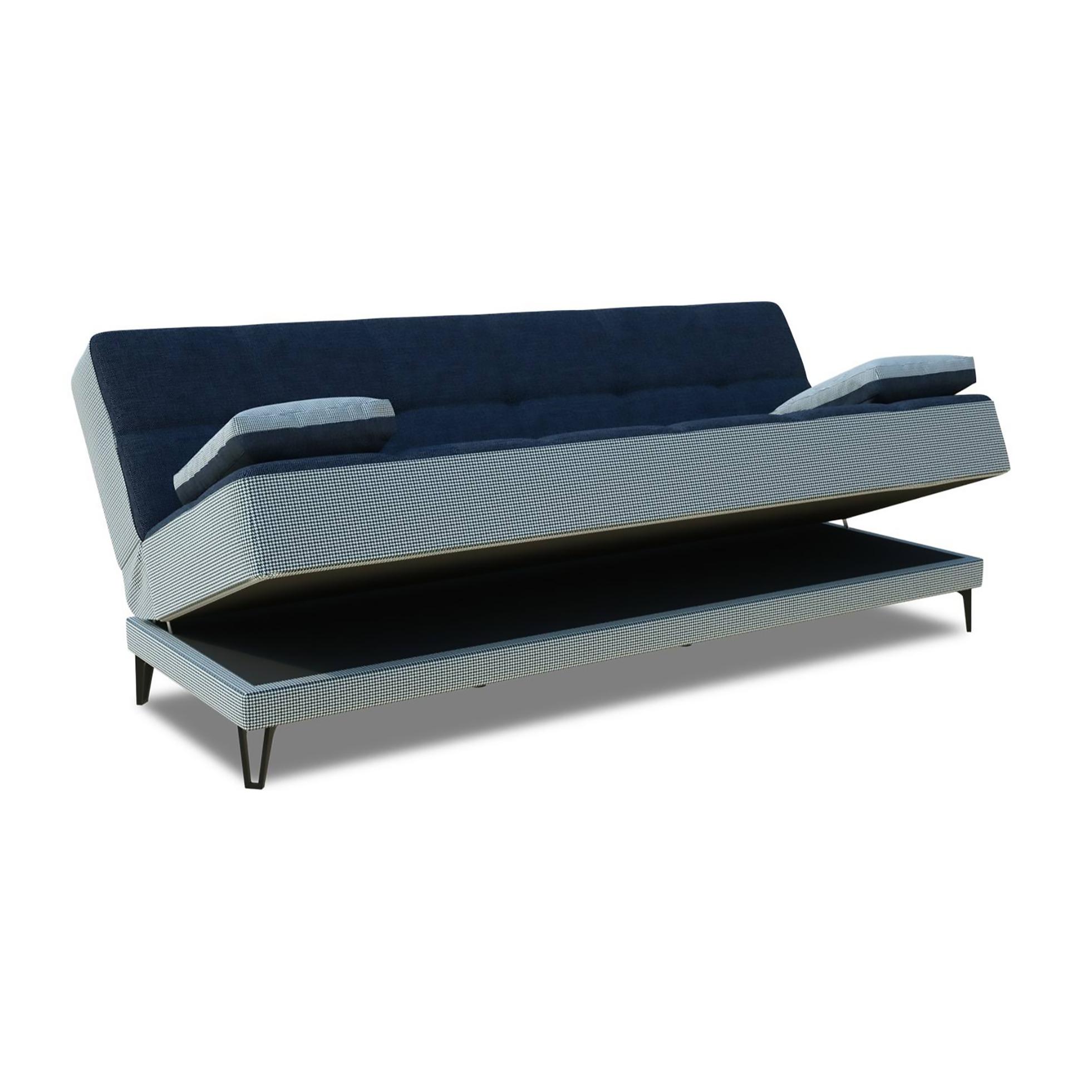 Divano letto Jordi, Divano letto a 3 posti con piedini in metallo nero , Sofà da soggiorno in tessuto imbottito con apertura click-clack, 190x87h97 cm, Grigio e Blu