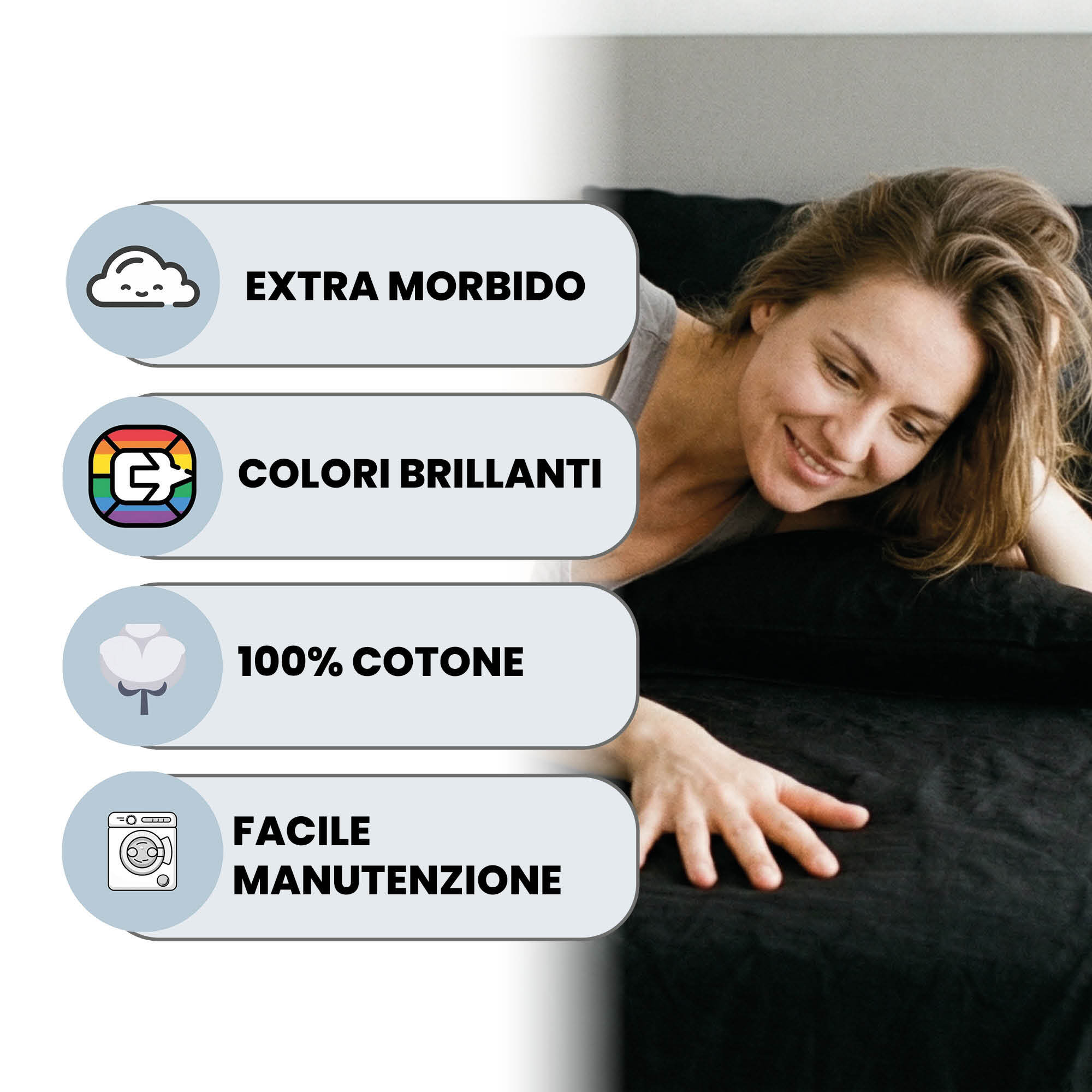 COMPLETO LETTO MAX COLOR, 100% Cotone, Made in Italy - NERO