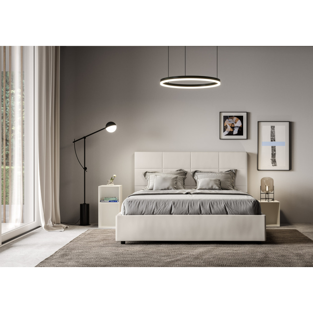 Cama con somier acolchada 160x190 cuero sintético blanco Mika