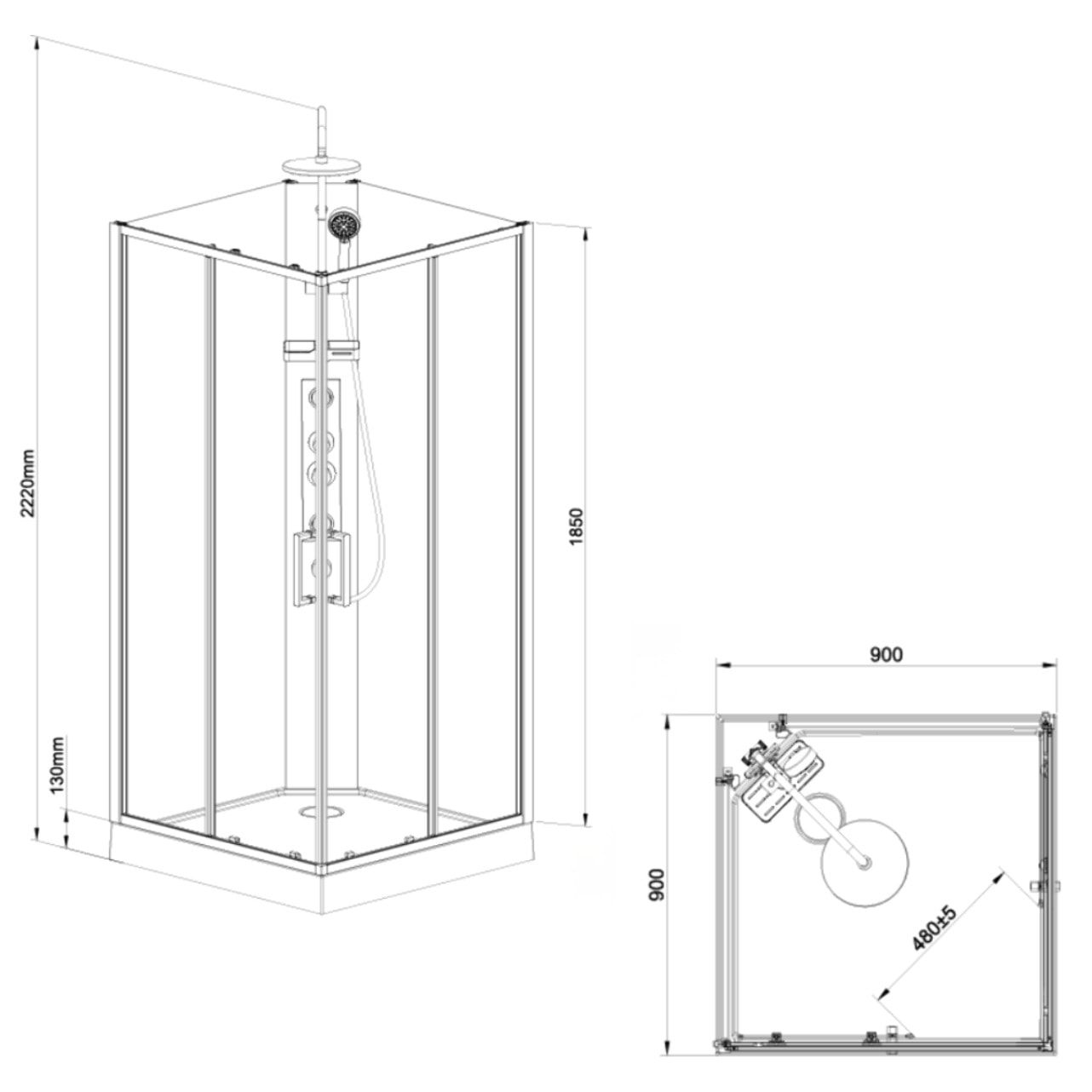 Projet 90x90 cm set cabine de douche carrée en verre sécurit avec receveur, système de douche et profilés (SATPROBOXQ90CRT)