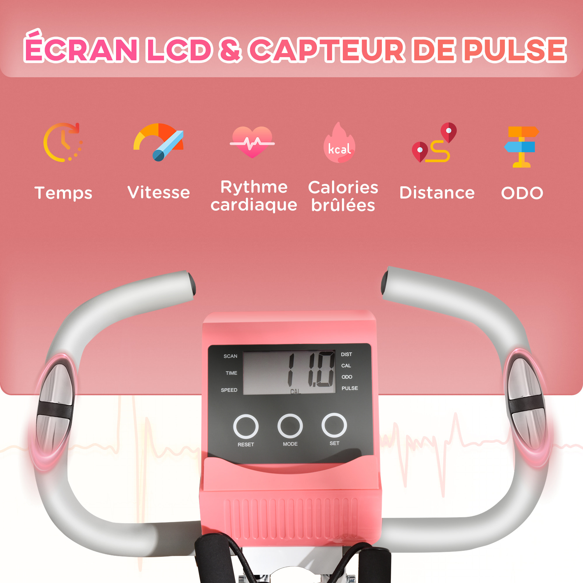 Vélo d'appartement pliant 8 niveaux de résistance magnétique dossier selle réglable poignées ergonomiques écran LCD multifonction suspensions support tablette acier rose blanc