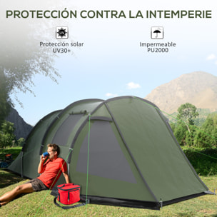 Tienda de Campaña de Túnel Tienda Camping para 3-4 Personas Impermeable PU2000 mm Protección UV30+ con Ventanas y Bolsa de Transporte para Senderismo 475x264x172 cm Verde