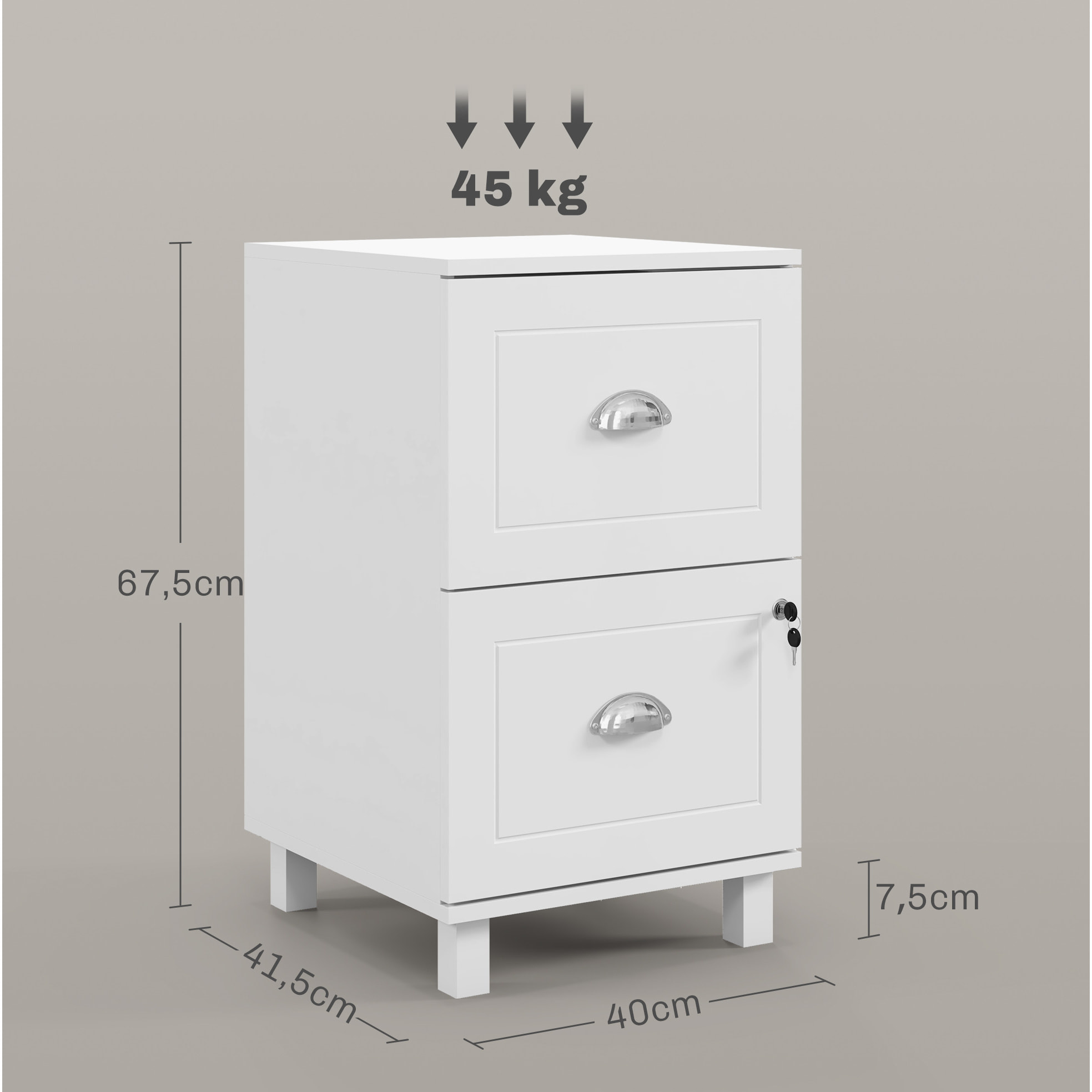 Cajonera de Oficina Mueble Archivador con 2 Cajones Cajonera para Escritorio con Cerraduras Carpetas Suspendidas para A4 y Carta 40x41,5x67,5 cm Blanco